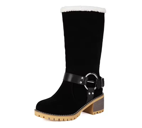 Women Fashion Color Suede Warm Furry Metal Ring Boots