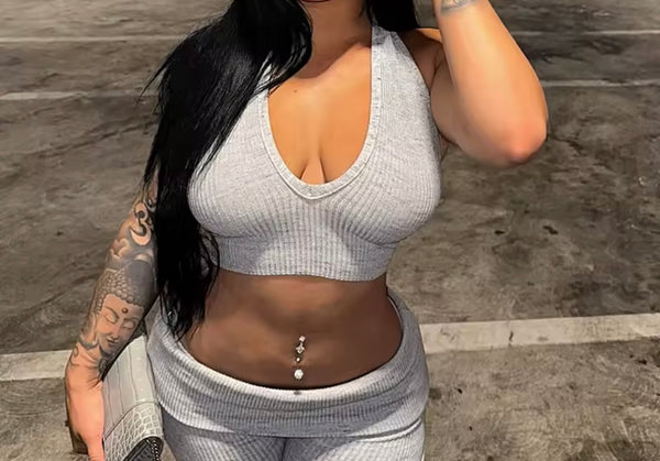 Women Sexy Halter Sleeveless Ribbed Two Piece Pant Set