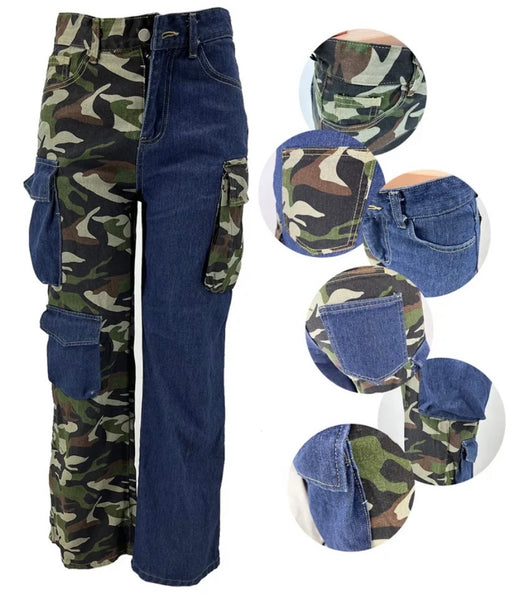 Women Fashion Camouflage Patchwork Cargo Denim Pants