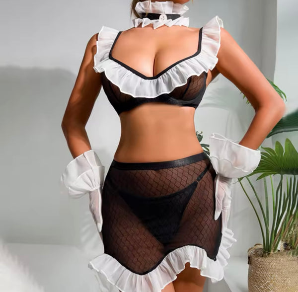 Women Sexy B&W Choker Ruffled Mesh Lingerie Set