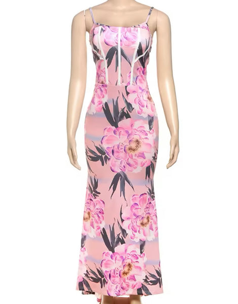 Women Sexy Sleeveless Pink Floral Print Maxi Dress