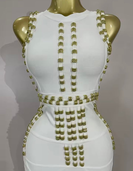 Women White Sleeveless Gold Metal Sexy Maxi Dress