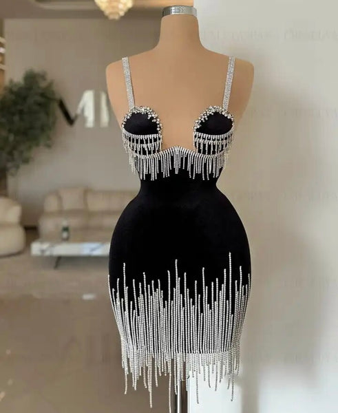 Women Sexy Sleeveless Black Bling Tassel Velour Dress