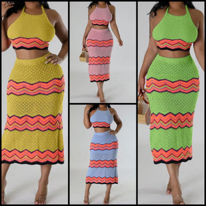 Women Sexy Halter Sleeveless Color Striped Two Piece Maxi Skirt Set