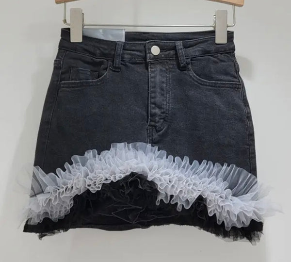 Women Fashion Ruffled Mesh Patchwork Denim Skirt