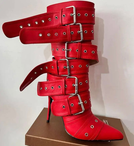 Women Fashion Pointed Toe Buckled Faux Leather Boots