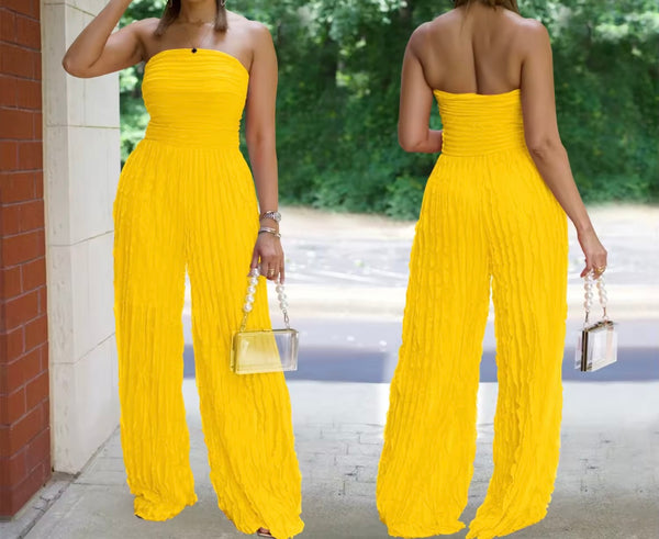 Women Sexy Strapless Color Pleated Jumpsuit