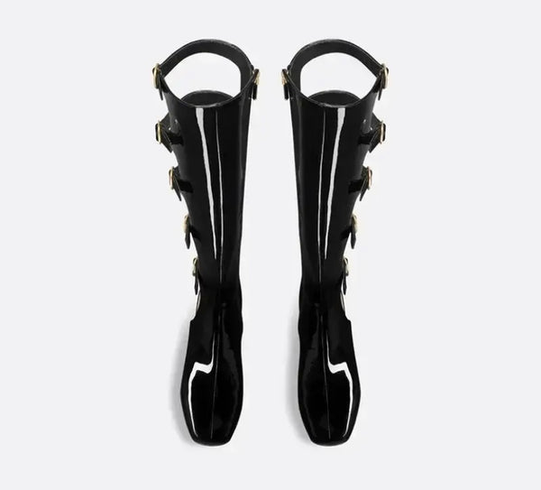 Women Black Fashion Gold Buckled Patent Leather Ankle/Knee High Boots