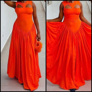 Women Orange Sexy Sleeveless Cut Out Pleated Maxi Dress