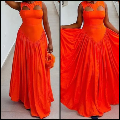 Women Orange Sexy Sleeveless Cut Out Pleated Maxi Dress