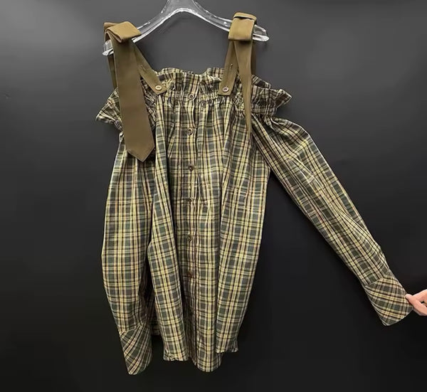 Women Strap Off The Shoulder Plaid Full Sleeve Two Piece Skirt Set