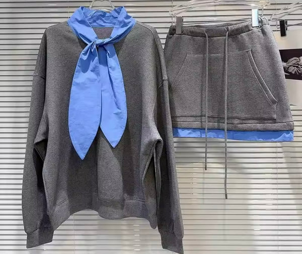 Women Collar Color Patchwork Sweater Two Piece Skirt Set