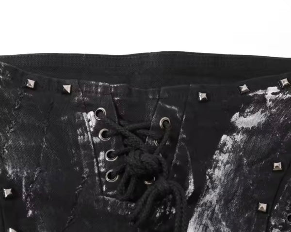 Women Fashion Rivet Tie Up Ripped Denim Shorts