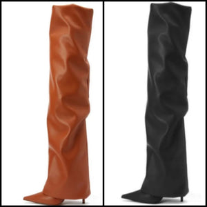Women Fashion Faux Leather Ruche Over The Knee Boots