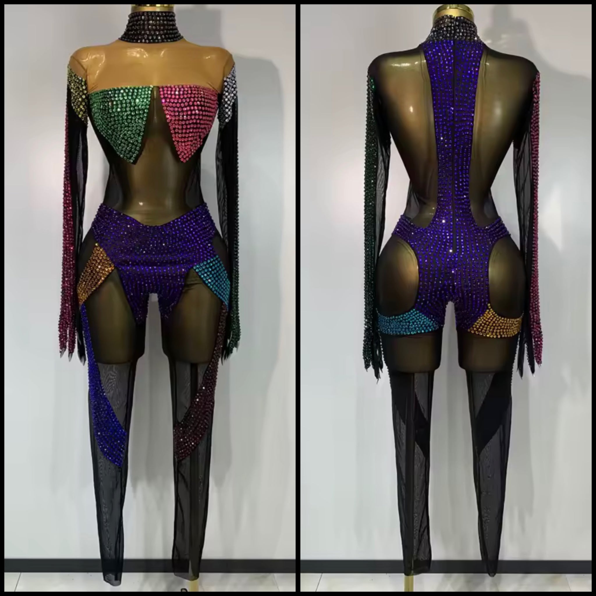 Women Sexy Color Crystal Mesh Full Sleeve Jumpsuit