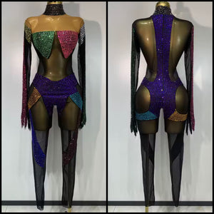Women Sexy Color Crystal Mesh Full Sleeve Jumpsuit