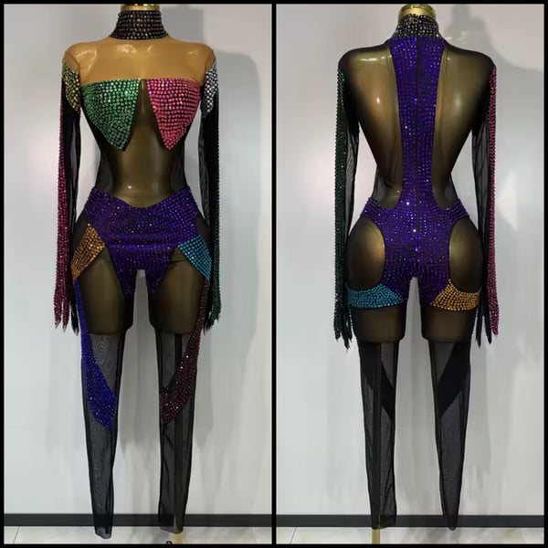 Women Sexy Color Crystal Mesh Full Sleeve Jumpsuit
