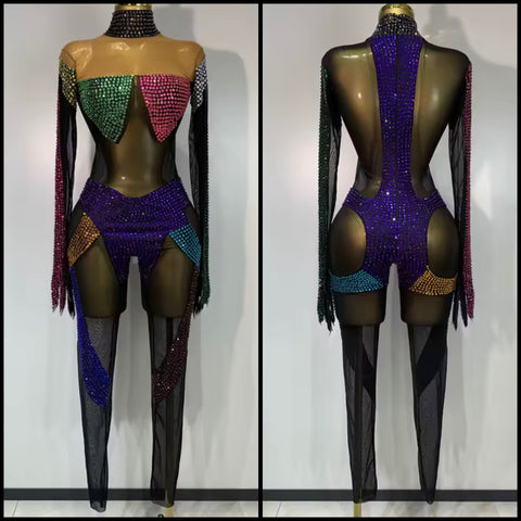 Women Sexy Color Crystal Mesh Full Sleeve Jumpsuit