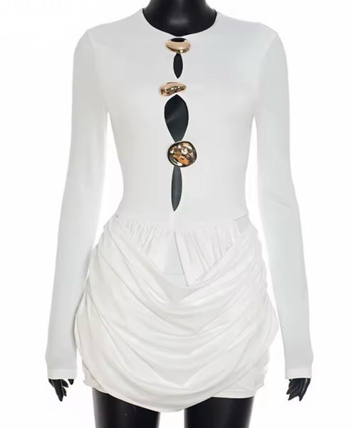 Women Sexy Gold Medal Cut Out Full Sleeve Draped Dress