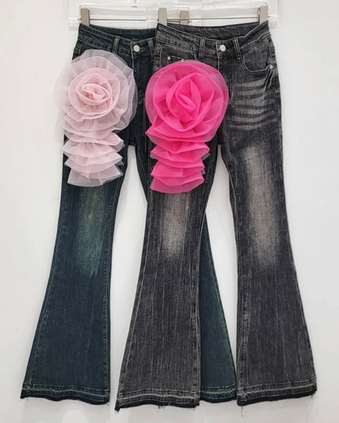 Women Fashion Color Floral Denim Boot Cut Pants