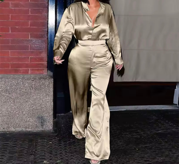 Women Color Satin Full Sleeve Two Piece Fashion Pant Set