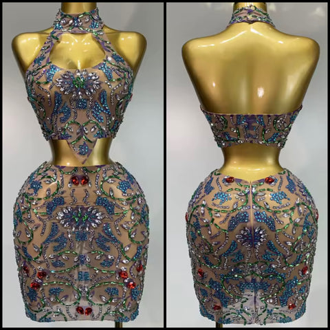 Women Sexy Halter Sleeveless Color Crystal Mesh Two Piece Skirt Set