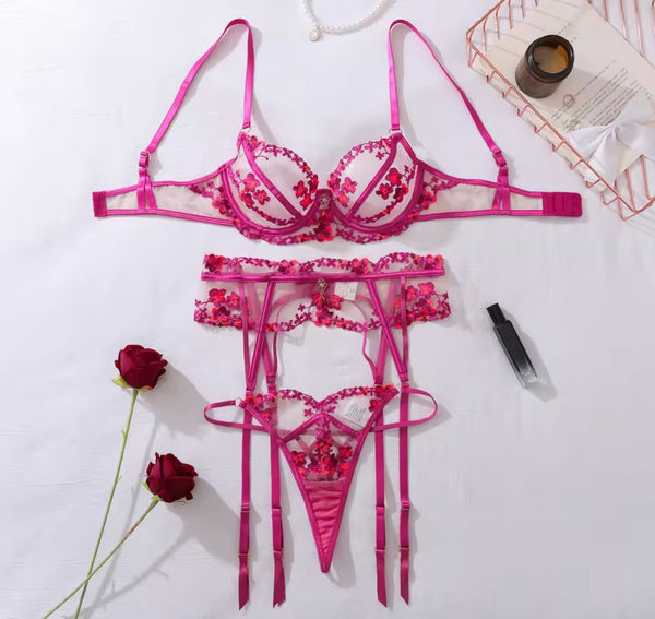 Women Sexy Pink Floral Print Mesh Lingerie Set