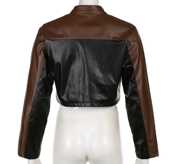 Women Fashion Color Patchwork Faux Leather Crop Jacket