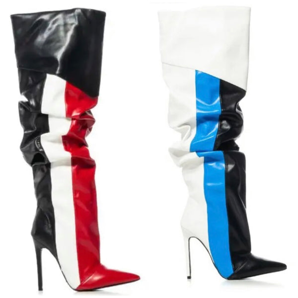 Women Multicolored Striped Fashion Faux Leather Knee High Boots