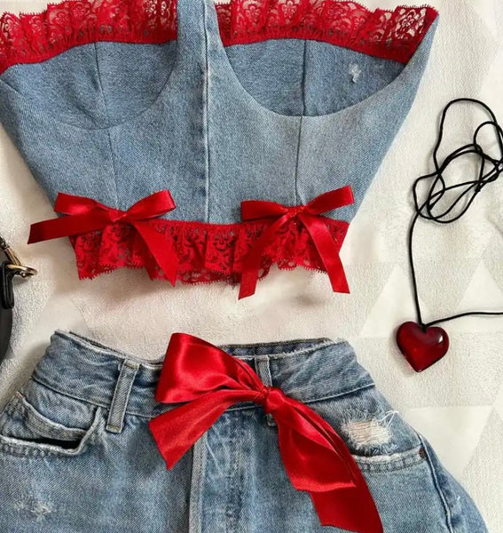 Women Sexy Strapless Denim Red Lace Patchwork Two Piece Skirt Set