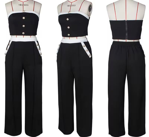 Women Sexy Button Up Strapless Color Patchwork Two Piece Pant Set
