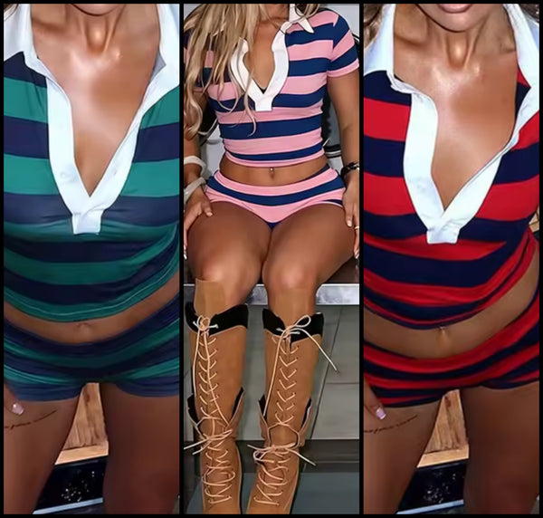 Women Collar Striped Short Sleeve Two Piece Short Set