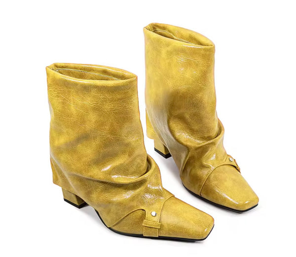 Women Color Square Toe Fashion Faux Leather Ankle Boots