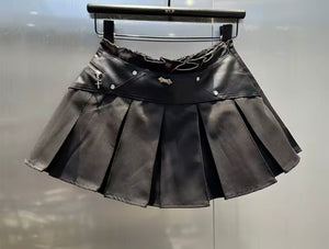 Women Fashion PU Patchwork Pleated Skirt