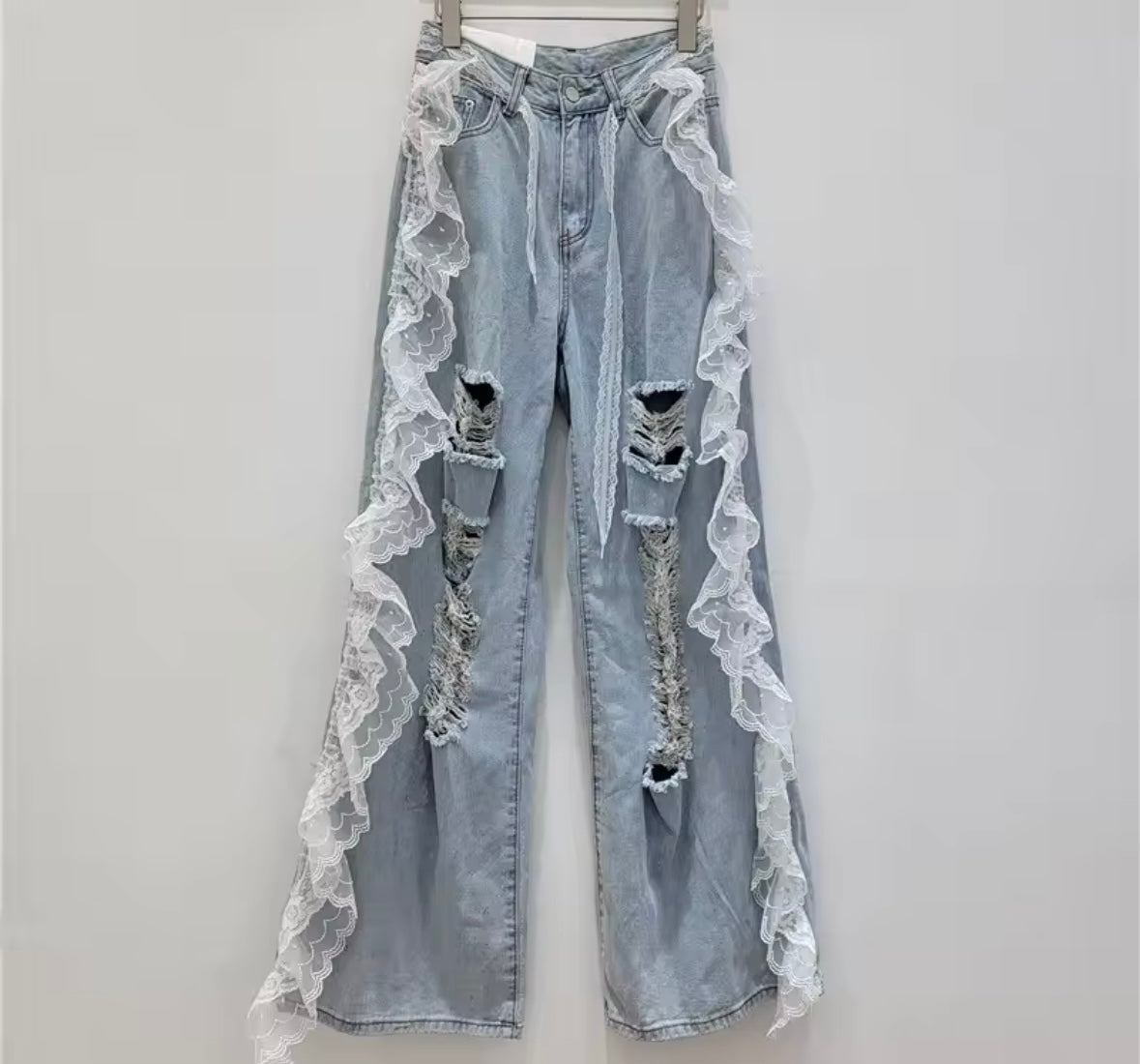 Women Fashion Ripped Ruffled Lace Patchwork Denim Pants