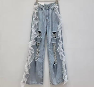Women Fashion Ripped Ruffled Lace Patchwork Denim Pants