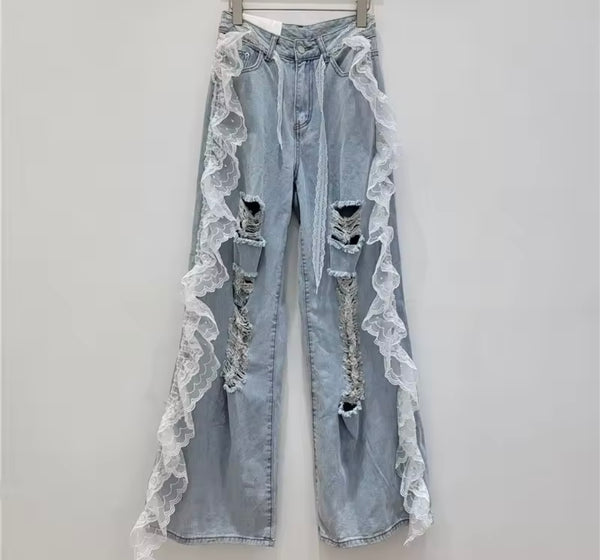 Women Fashion Ripped Ruffled Lace Patchwork Denim Pants