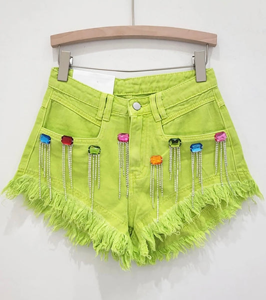 Women Ripped Color Crystal Tassel Fashion Denim Shorts