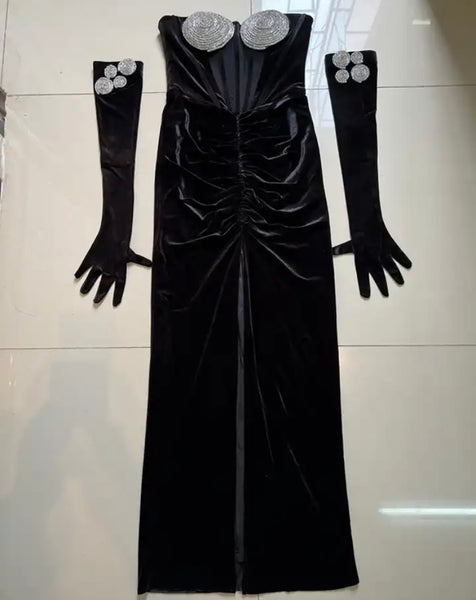 Women Black Sexy Strapless Velour Rhinestone Glove Maxi Dress