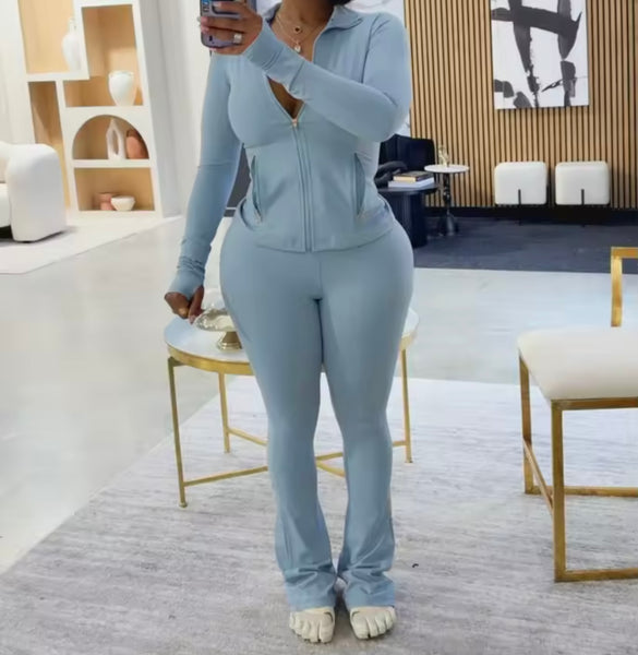 Women Solid Color Fashion Zip Up Full Sleeve Two Piece Pant Set