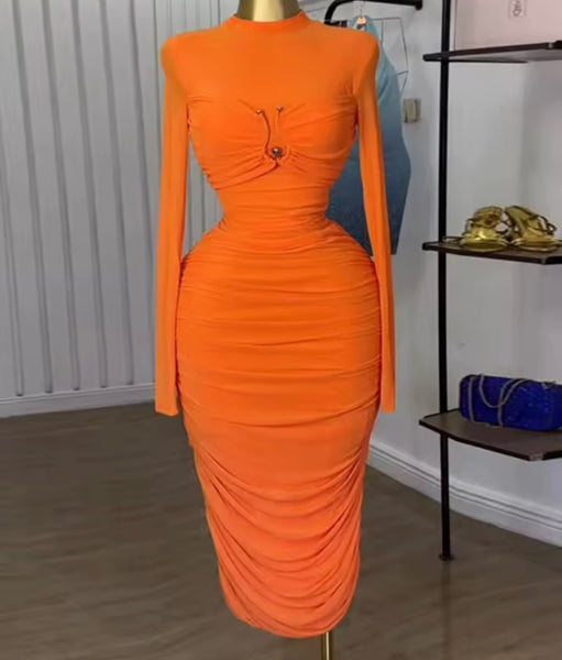 Women Sexy Orange Metal Ruched Full Sleeve Maxi Dress
