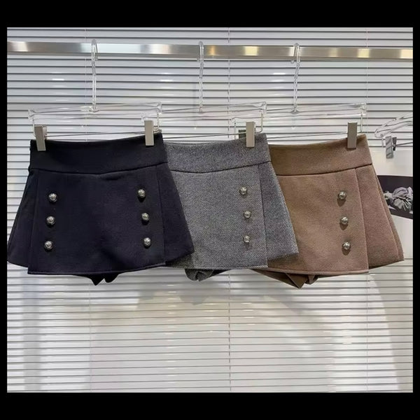 Women Color Fashion Button Tweed Wrap Shorts