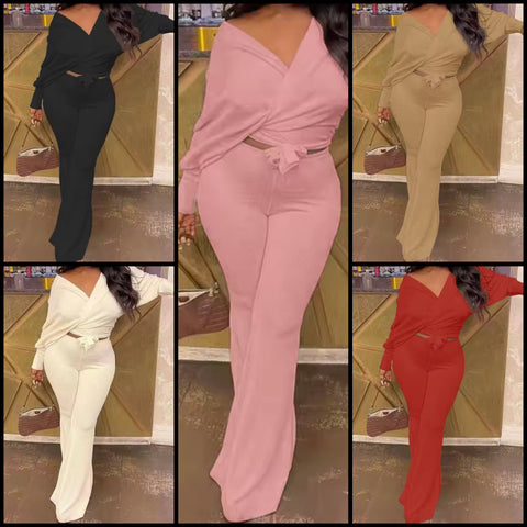 Women Fashion Full Sleeve Tie Up Crop Two Piece Pant Set
