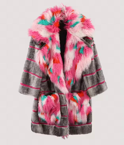 Women Multicolored Striped Fashion Faux Fur Jacket