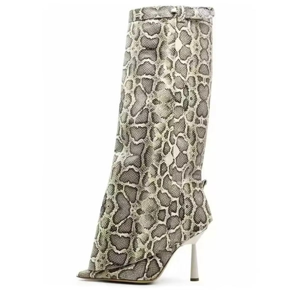 Women Fashion Pointed Toe Animal Print Buckled Boots