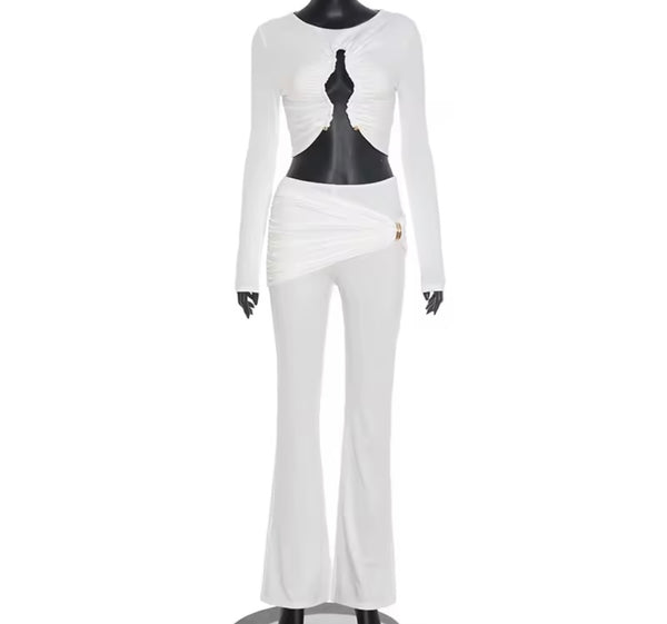 Women Sexy Cut Out Full Sleeve Crop Two Piece Wrap Pant Set