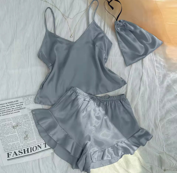 Women Sleeveless Satin Ruffled Lingerie Set