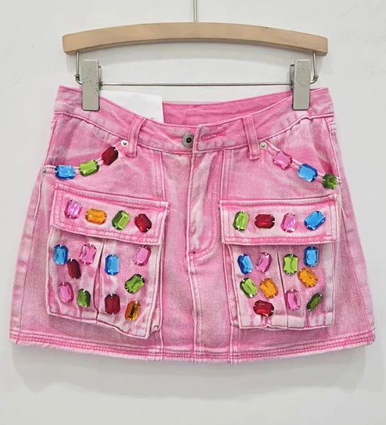 Women Fashion Color Crystal Patchwork Denim Skirt