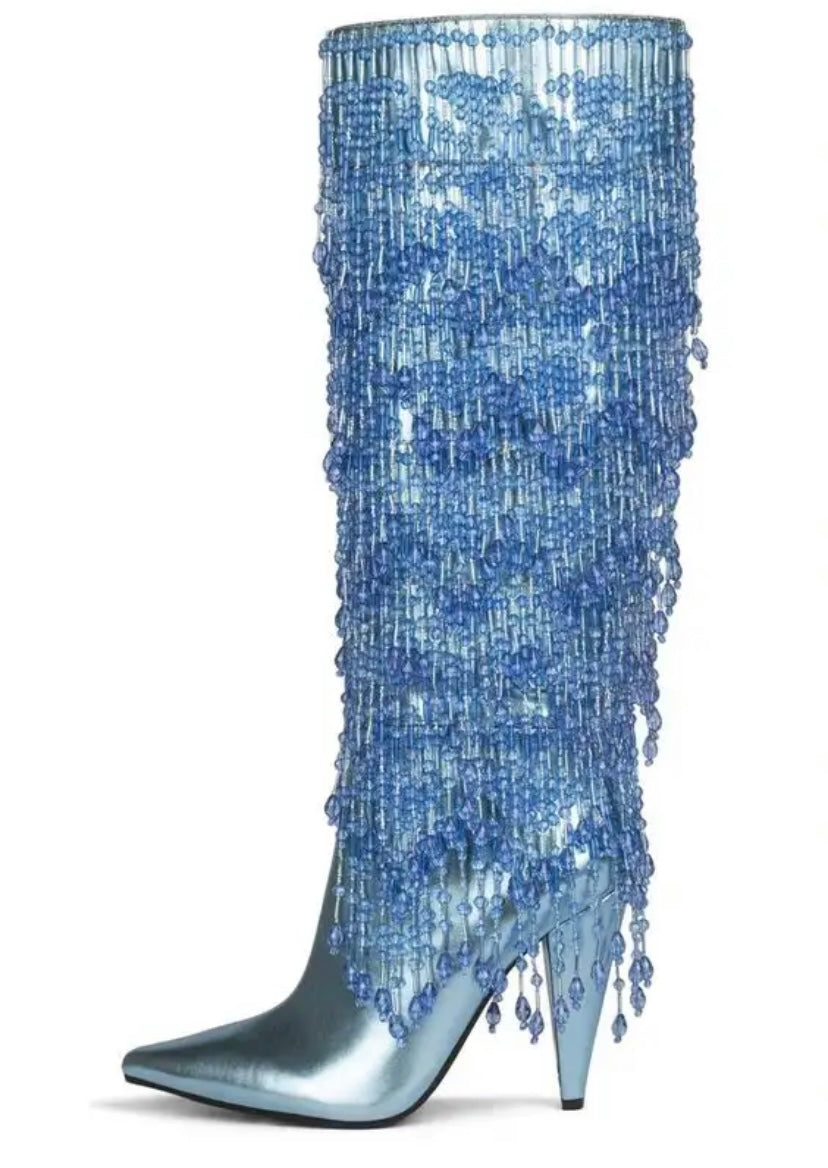 Women Fashion Pointed Toe Tassel Knee High Boots