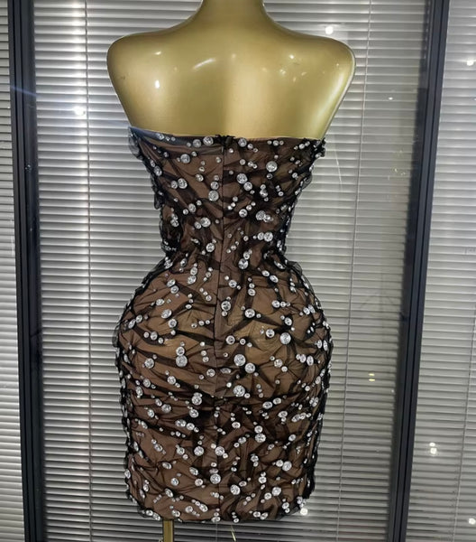 Women Sexy Strapless Rhinestone Mesh Dress